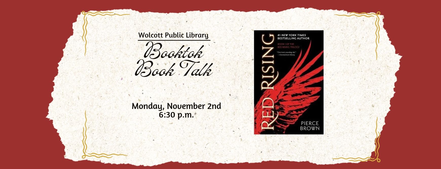 Booktok Book Talk on Nov. 2 at 6:30pm. Reading Red Rising by Pierce Brown